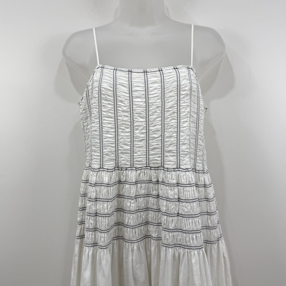 Saylor Adalene Midi Dress L Pinstripe Euro Summer Chic Beachy Smocked Clean Girl - Picture 8 of 13
